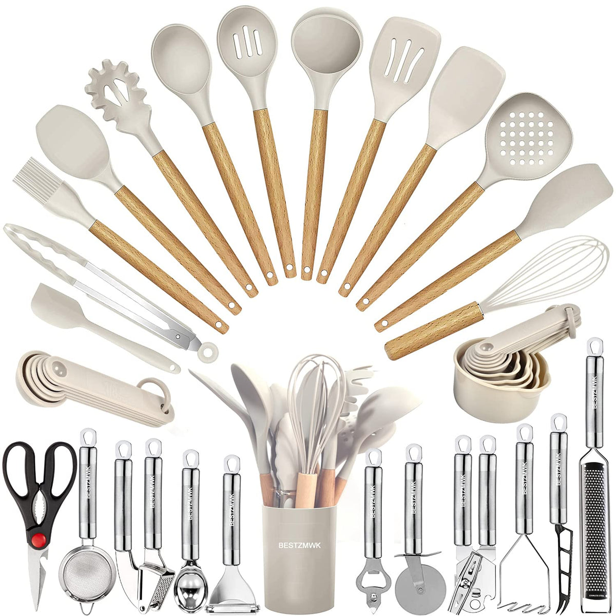 BESTZMWK 35-piece kitchen utensils set with spatula and spoons for versatile cooking.