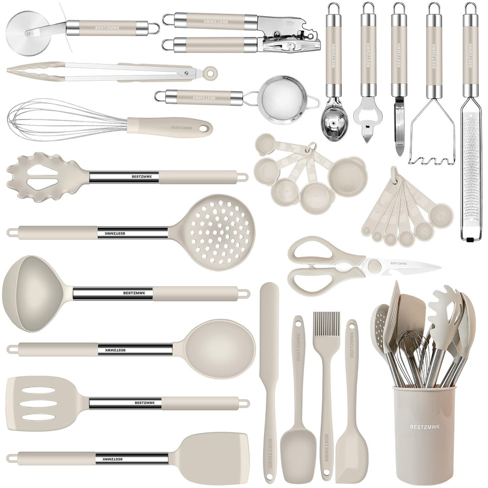 BestZMWK 33-piece silicone kitchen utensils set ready for versatile cooking and non-stick care