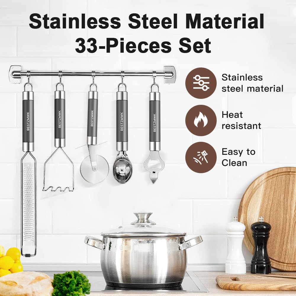 BESTZMWK kitchen utensils set grey-ladle, sturdy handle for serving hot dishes.