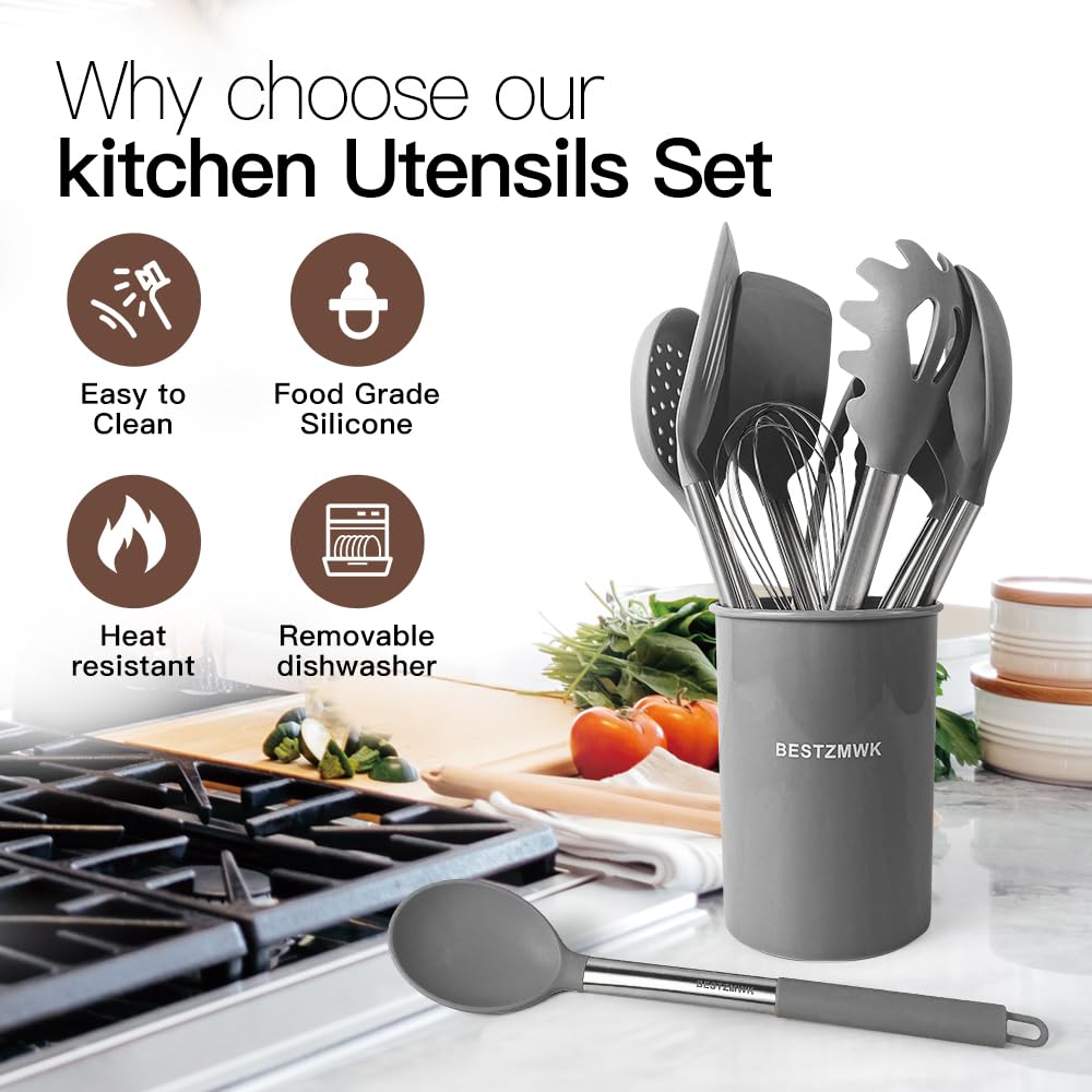 BESTZMWK kitchen utensils set grey-skimmer, gentle silicone handling for soups.