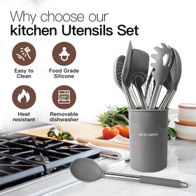 BESTZMWK kitchen utensils set grey-skimmer, gentle silicone handling for soups.