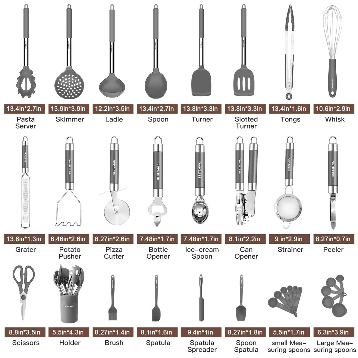 BESTZMWK kitchen utensils set grey-slotted-turner, heat-resistant silicone head for flipping.