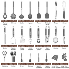 BESTZMWK kitchen utensils set grey-slotted-turner, heat-resistant silicone head for flipping.