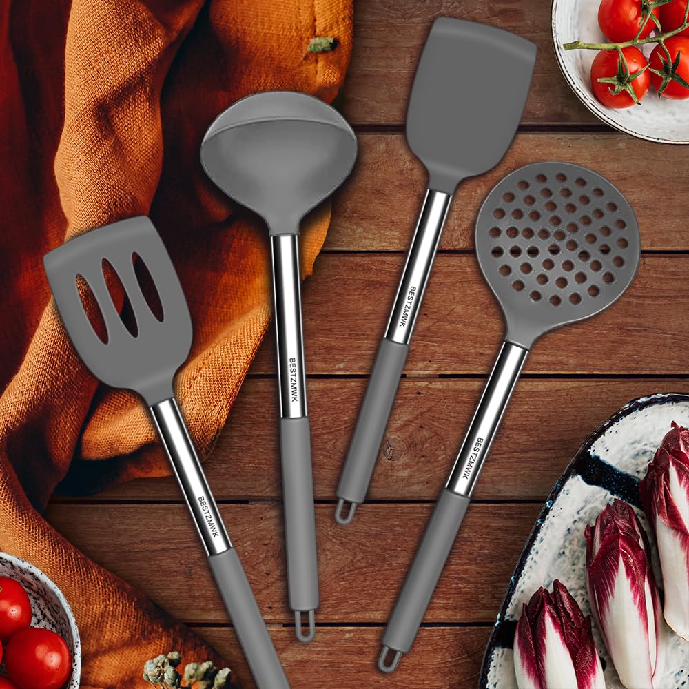 BESTZMWK kitchen utensils set grey-spoon, versatile silicone spoon for stirring.
