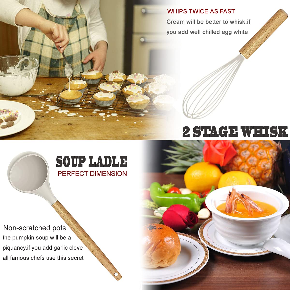 Nonstick pans protected by silicone utensils for scratch-free cooking.