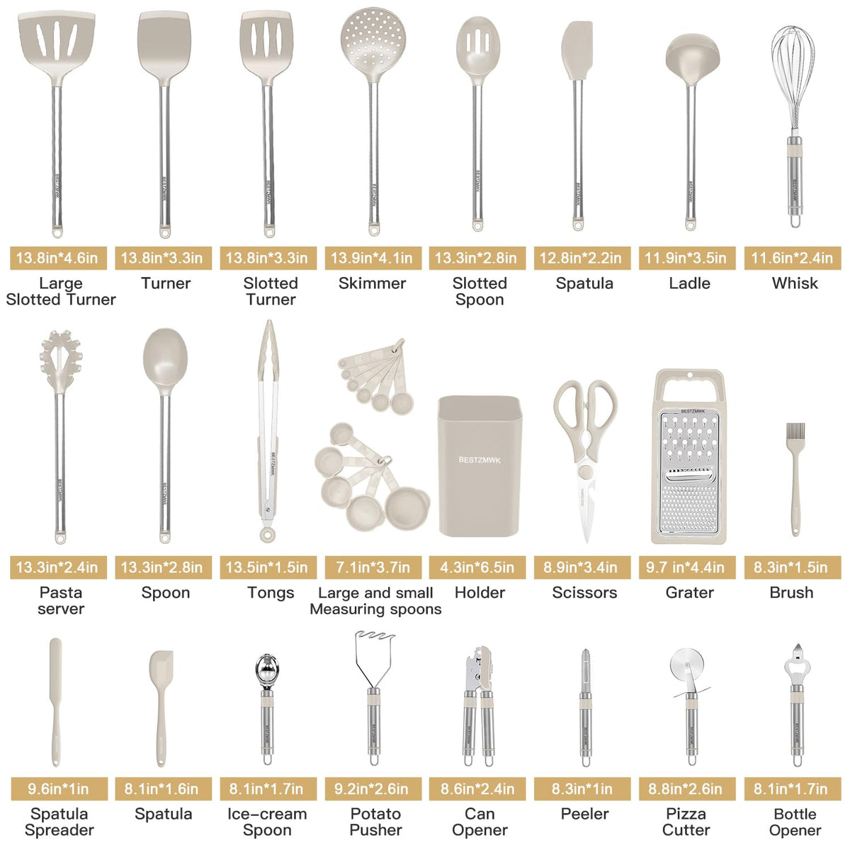 BESTZMWK silicone heads and stainless handles provide durable, pan-safe utensils.