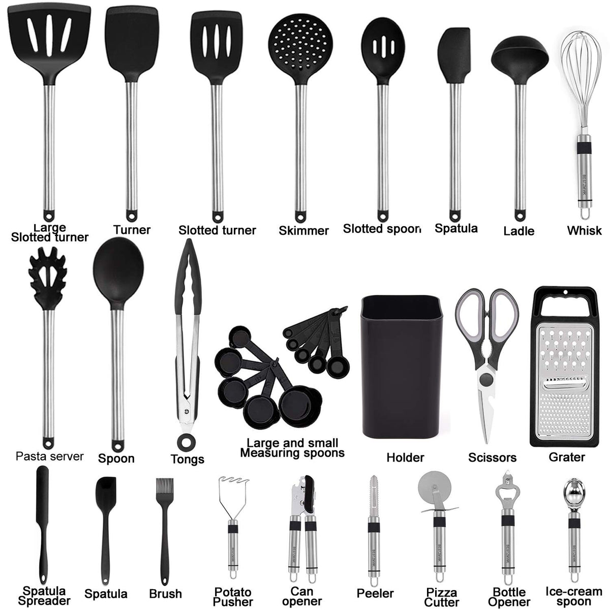 BESTZMWK silicone spatula and slotted spoon shown with durable stainless steel handles