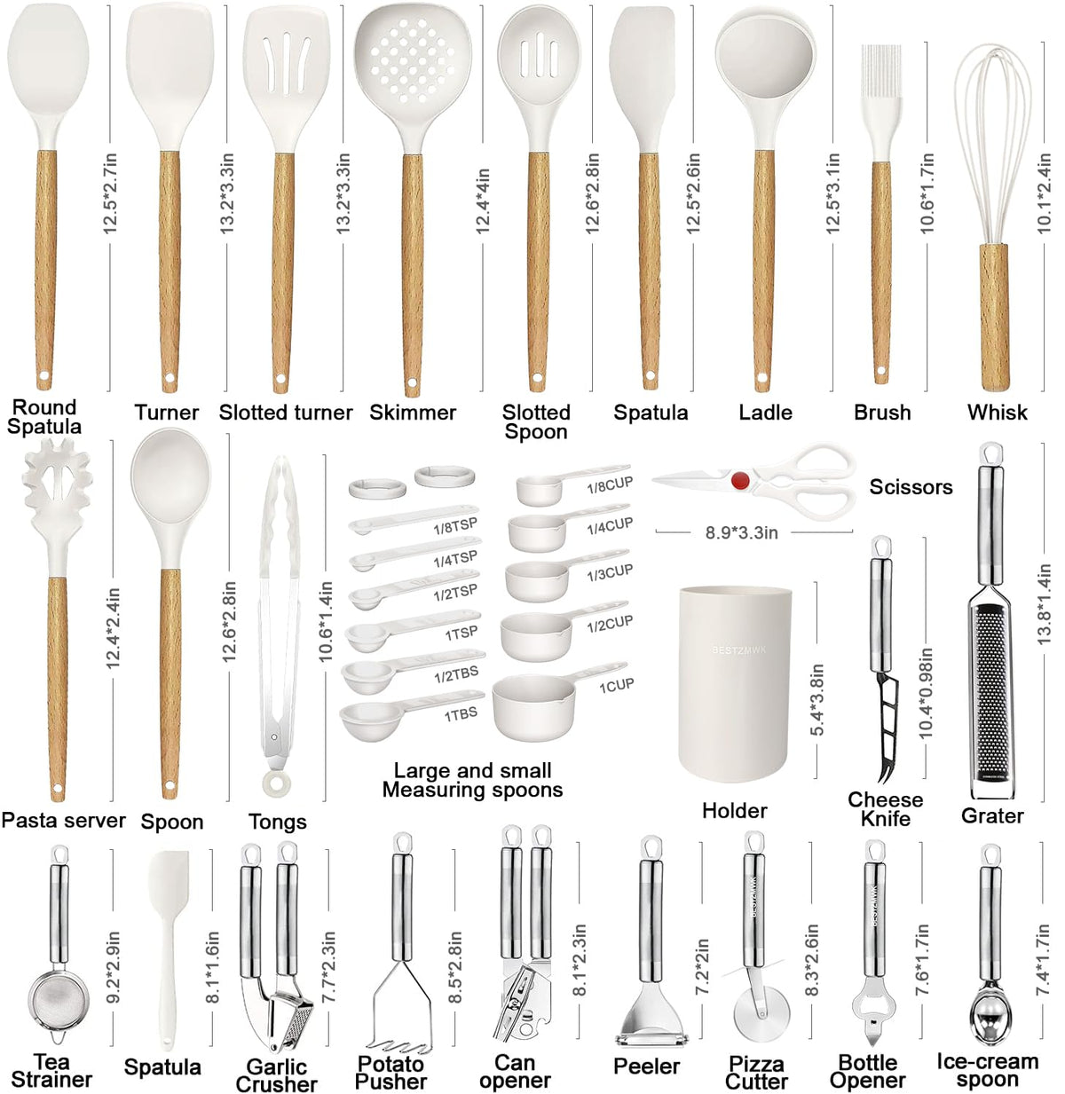 BESTZMWK silicone utensils with nonstick-safe heads protect pans during cooking.