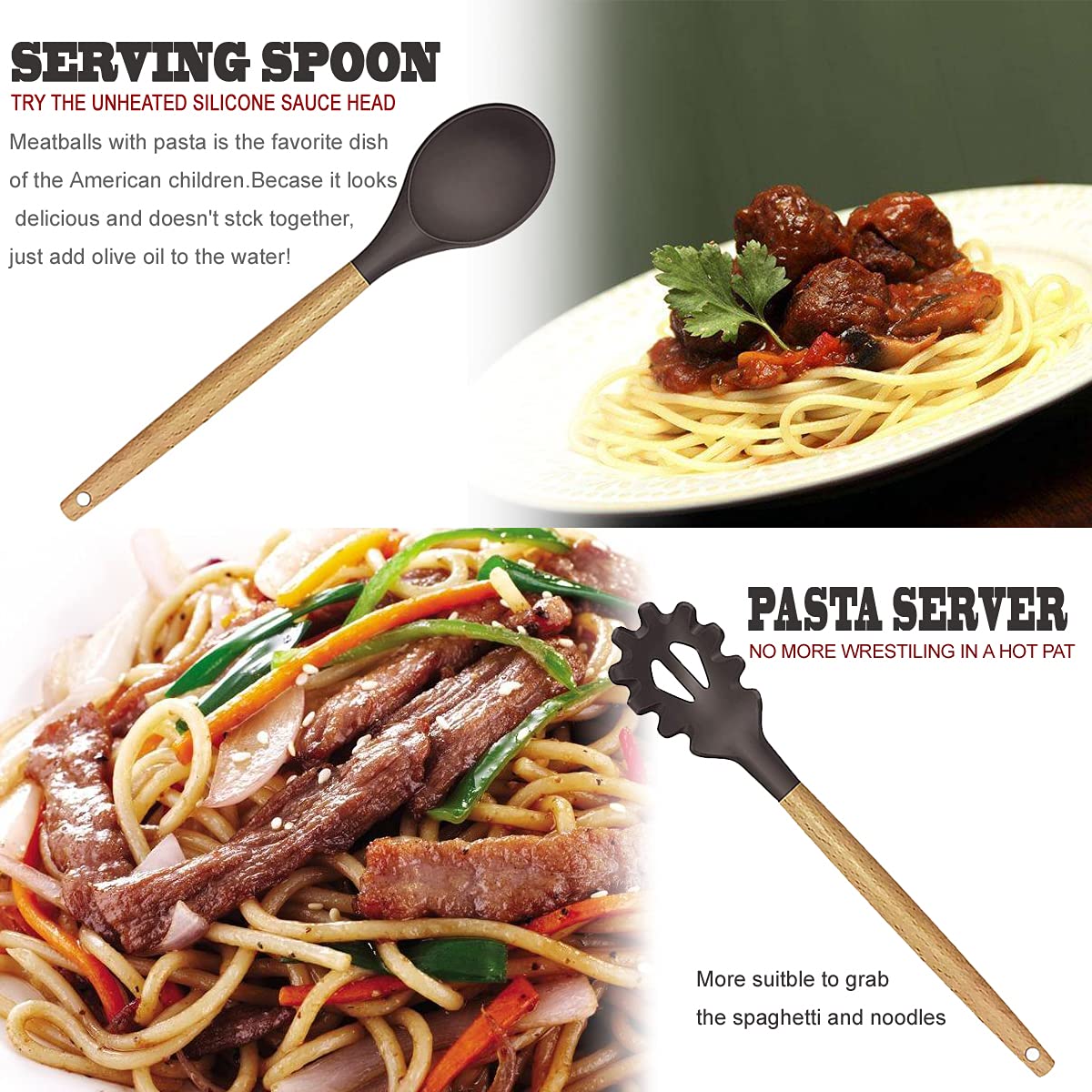 BESTZMWK slotted spatula and spoons for draining and serving.