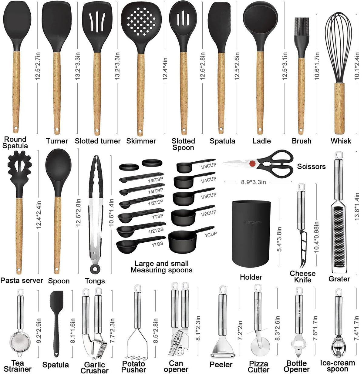 Bestzmwk wooden-handled utensils stay cool to touch for safe cooking.