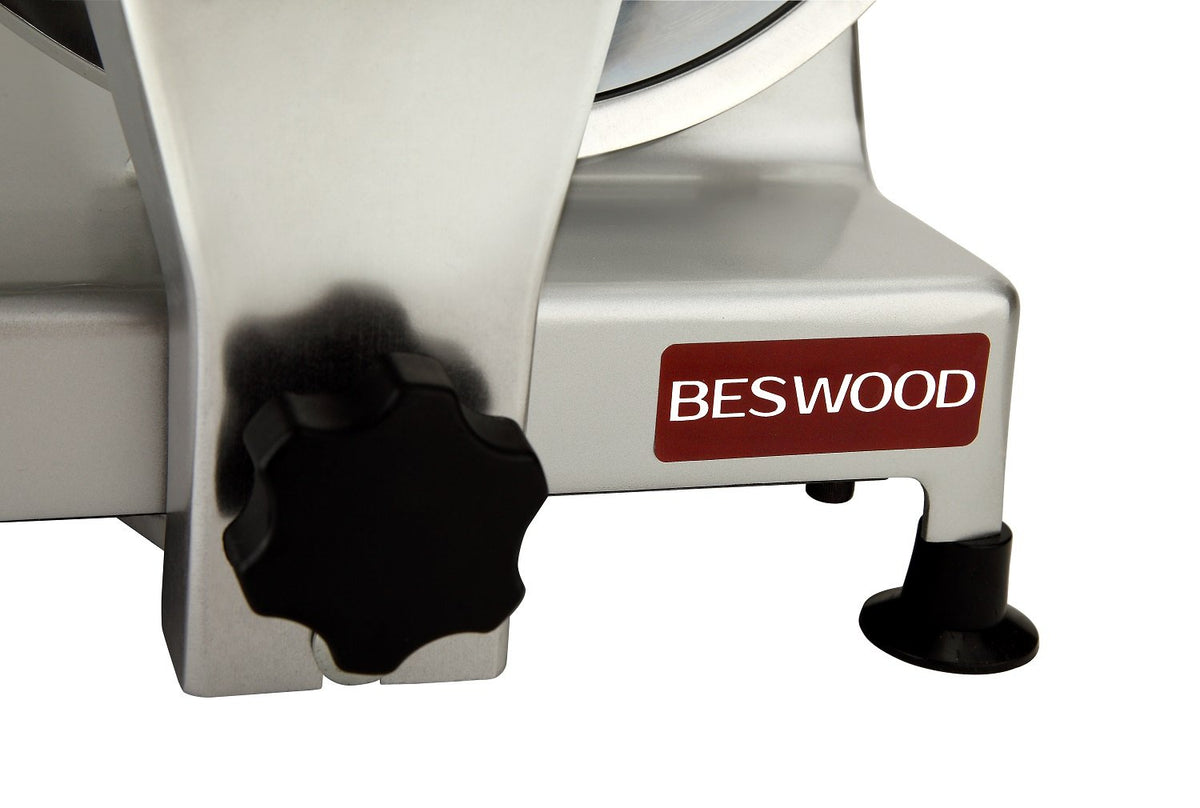 BESWOOD250 ergonomic food pusher offers controlled slicing.
