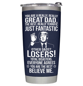 BETHEGIFT Dad tumbler 20oz navy front view keeps drinks hot or cold on the go.