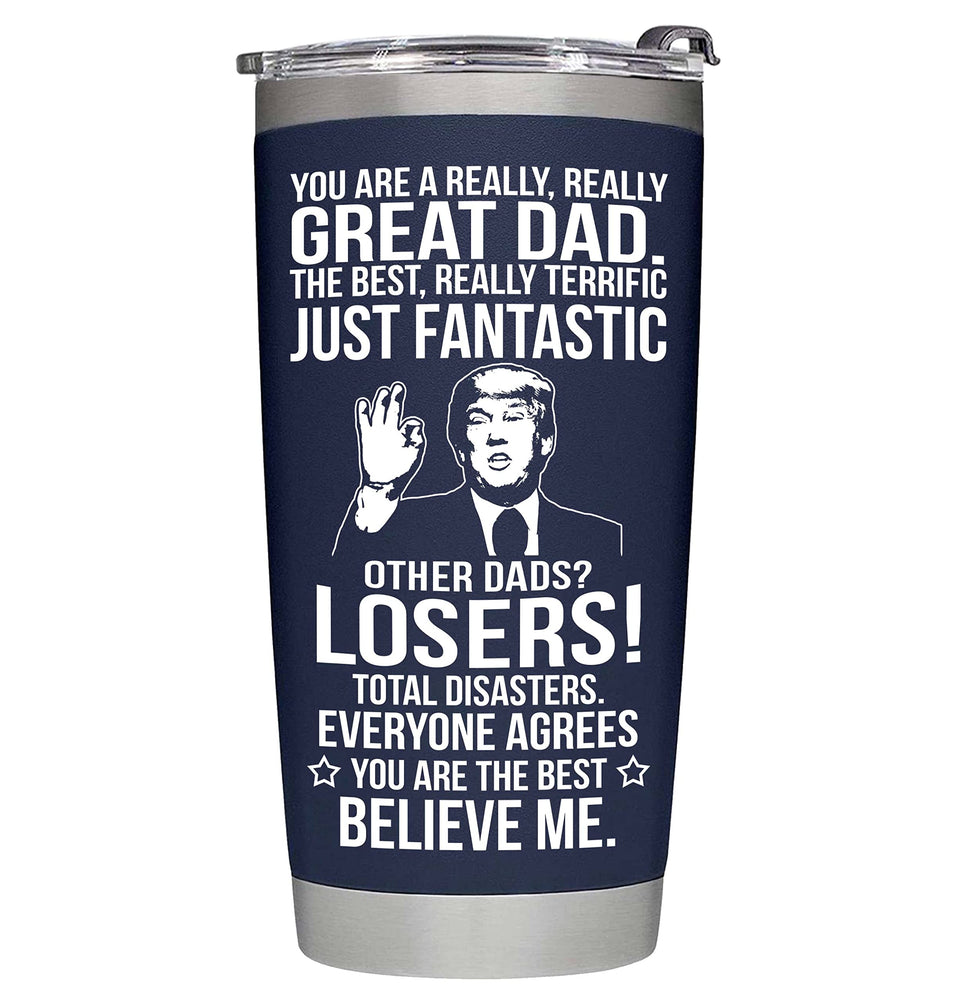 BETHEGIFT Dad tumbler 20oz navy front view keeps drinks hot or cold on the go.