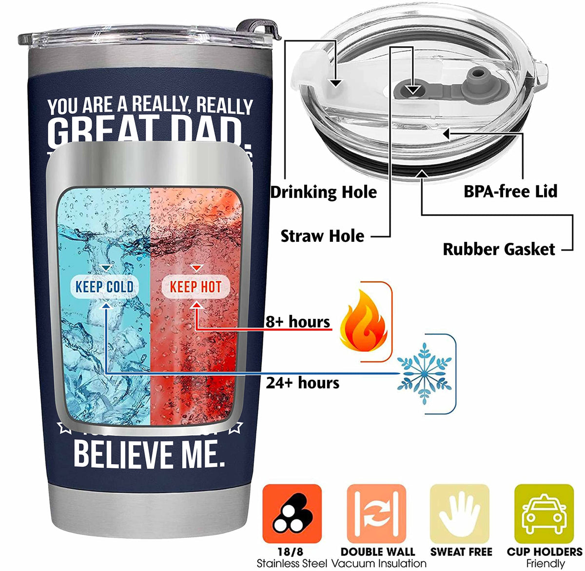 BETHEGIFT Dad tumbler 20oz navy handle detail highlights durable rust-free stainless steel.