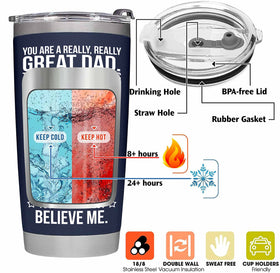BETHEGIFT Dad tumbler 20oz navy handle detail highlights durable rust-free stainless steel.