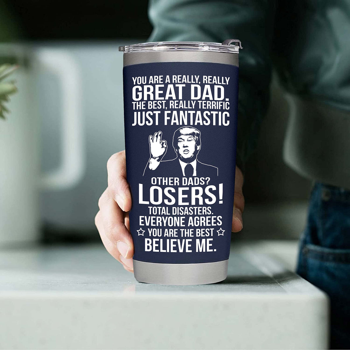 BETHEGIFT Dad tumbler 20oz navy packaging shows gift-ready presentation for Father's Day.
