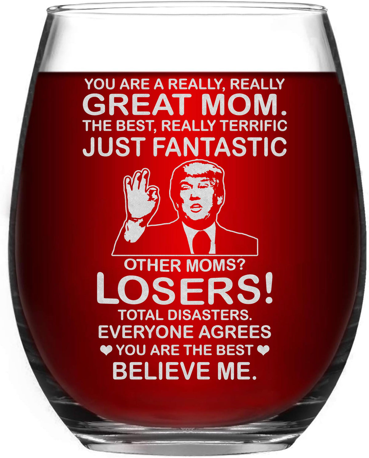BETHEGIFT Mothers Day wine glass with funny mom message for celebrations.