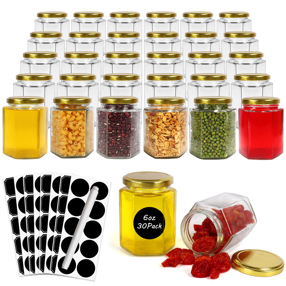 Betrome 30-pack hexagon glass jars with gold lids for jams and gifts.