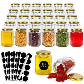Betrome 30-pack hexagon glass jars with gold lids for jams and gifts.