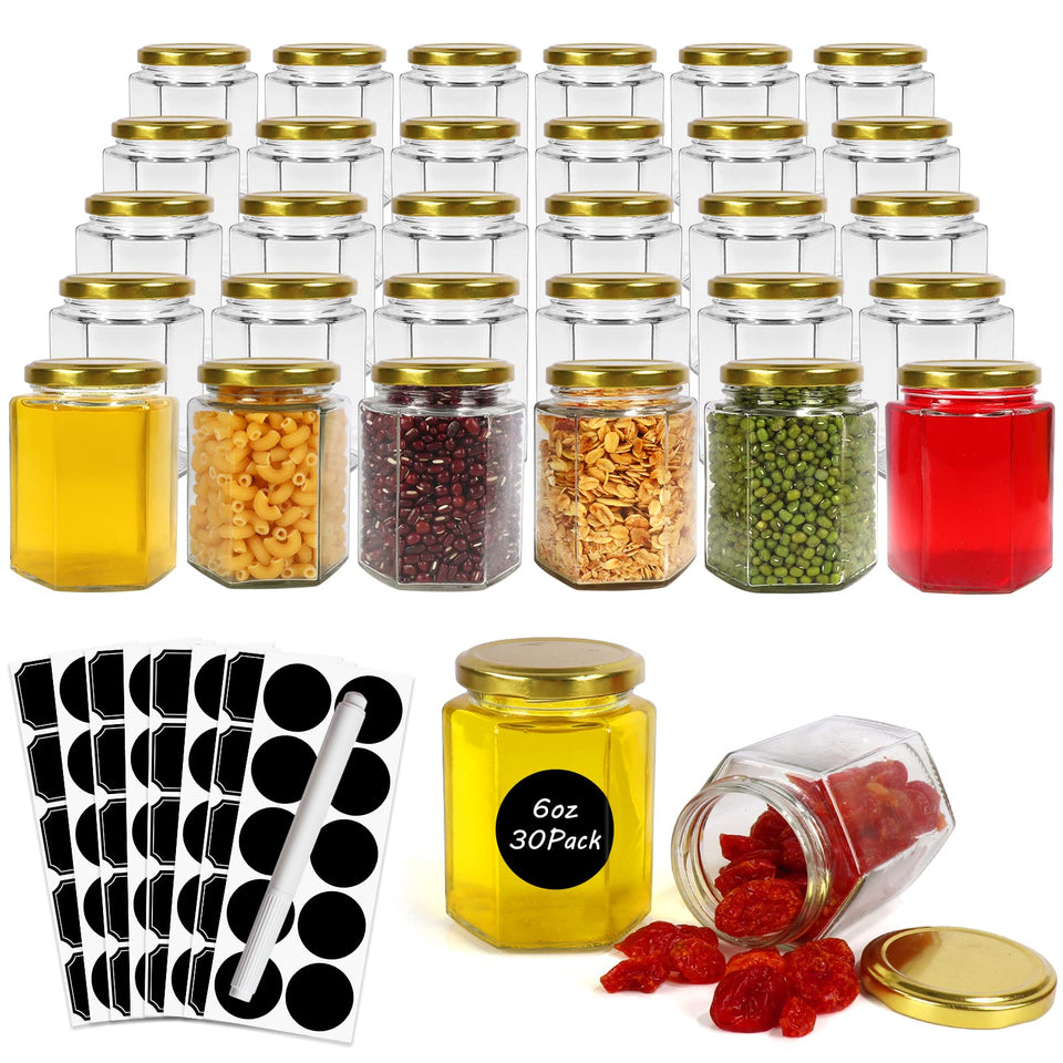 Betrome 30-pack hexagon glass jars with gold lids for jams and gifts.