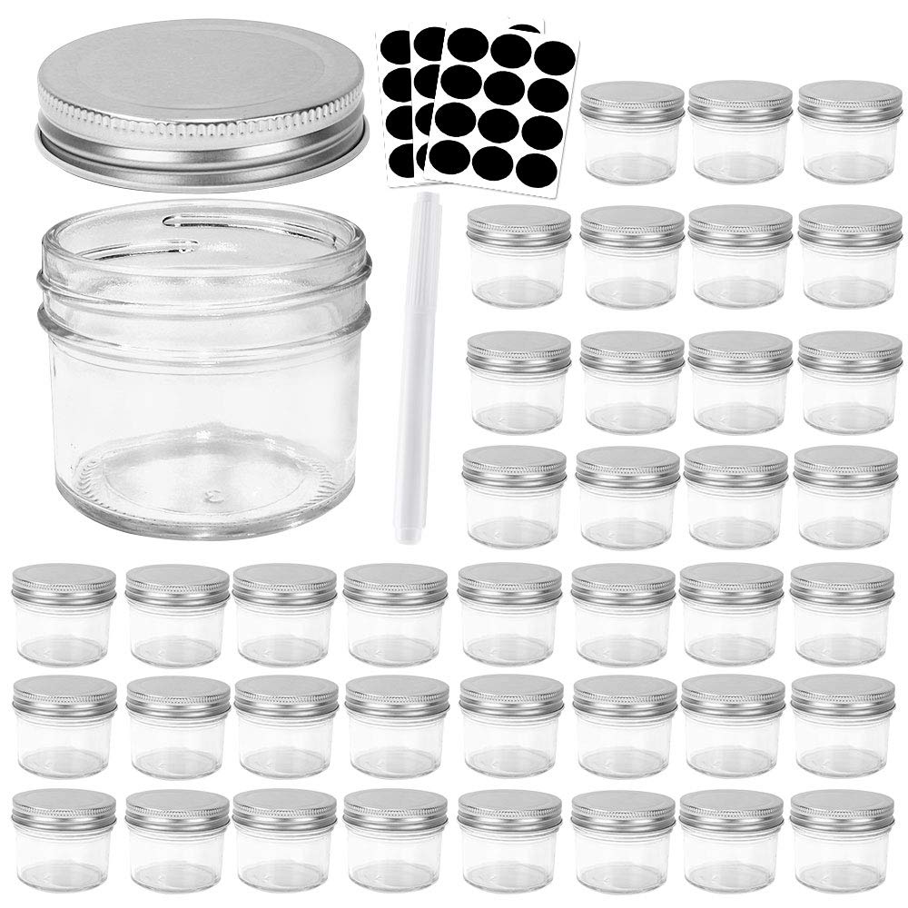 Betrome 4 oz clear glass jar with silver lid, front view for pantry organization
