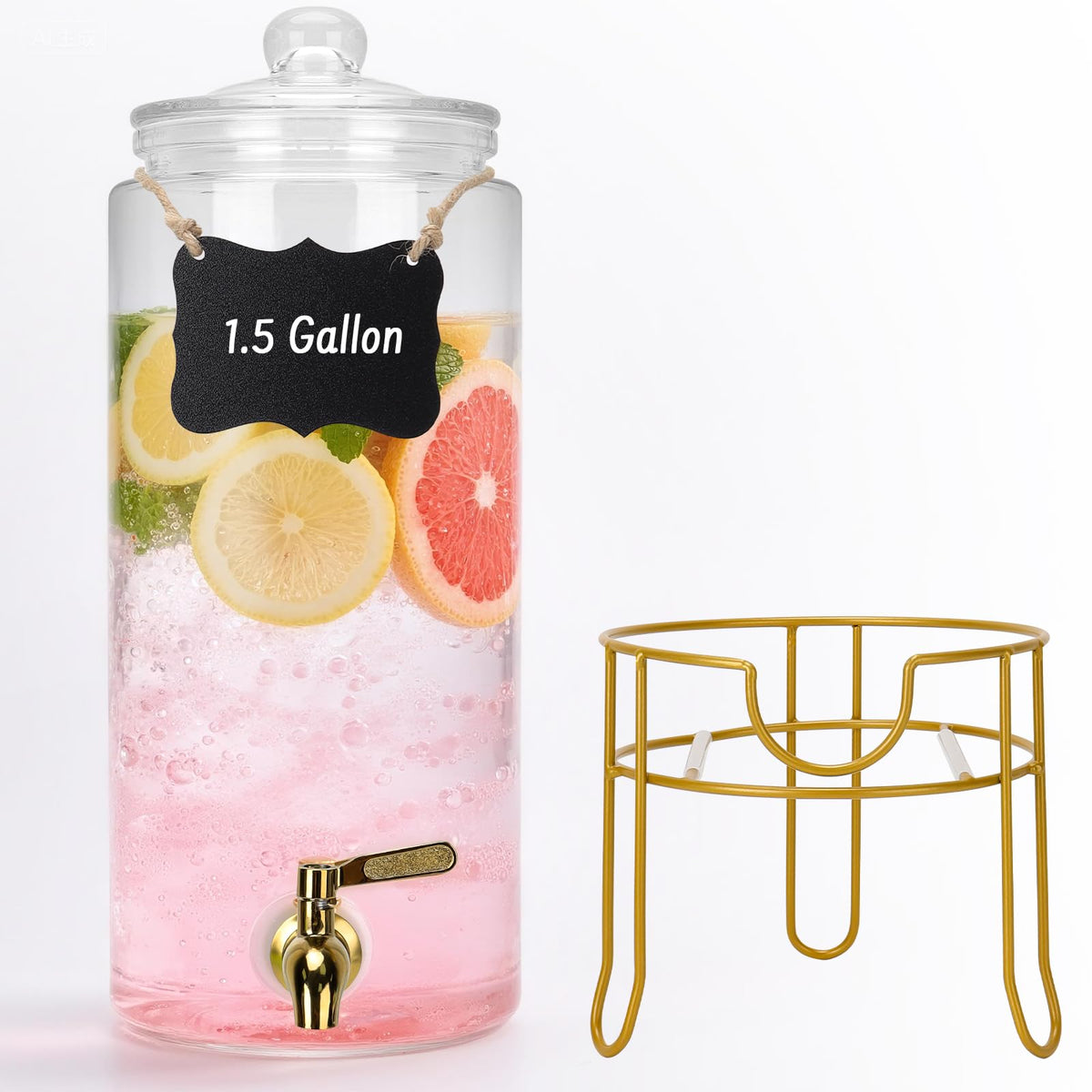 Betrome glass dispenser front view showing a clear jar for easy beverage identification.