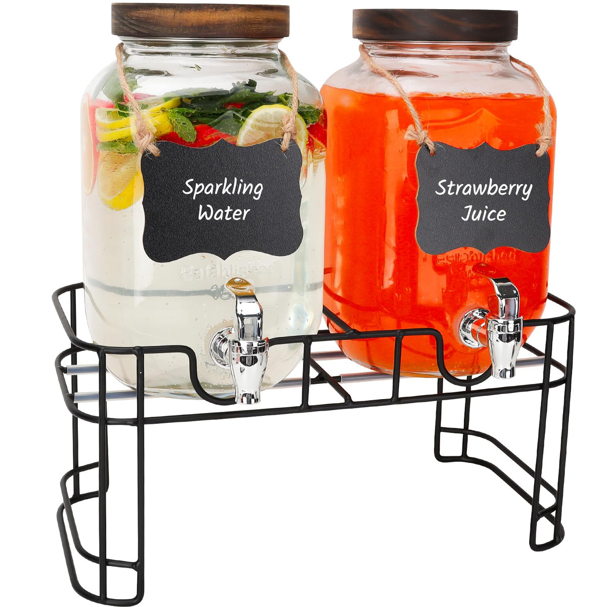 Betrome glass dispensers 2-pack with wooden lids for elegant, spill-free serving.