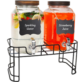 Betrome glass dispensers 2-pack with wooden lids for elegant, spill-free serving.