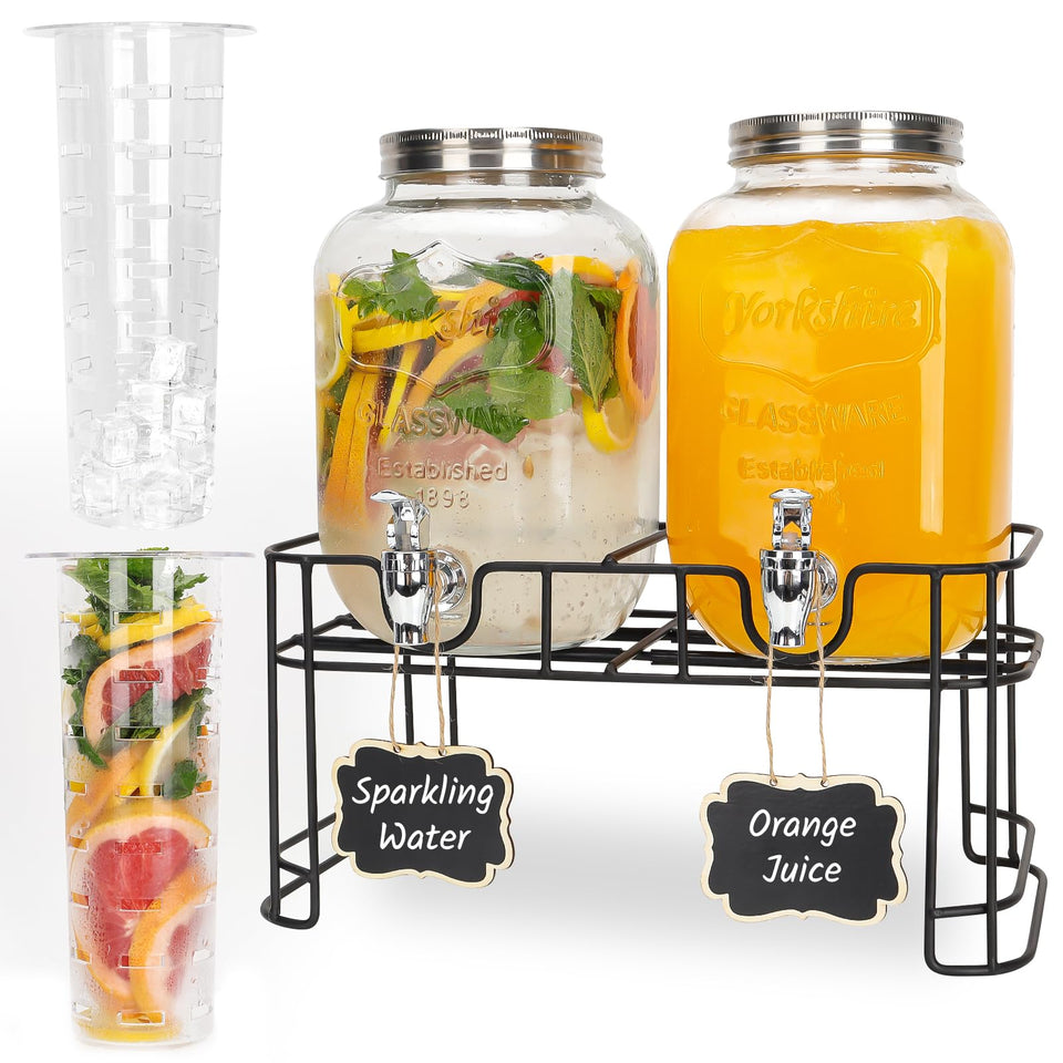 Betrome two glass drink dispensers with stand for stylish party beverage service.