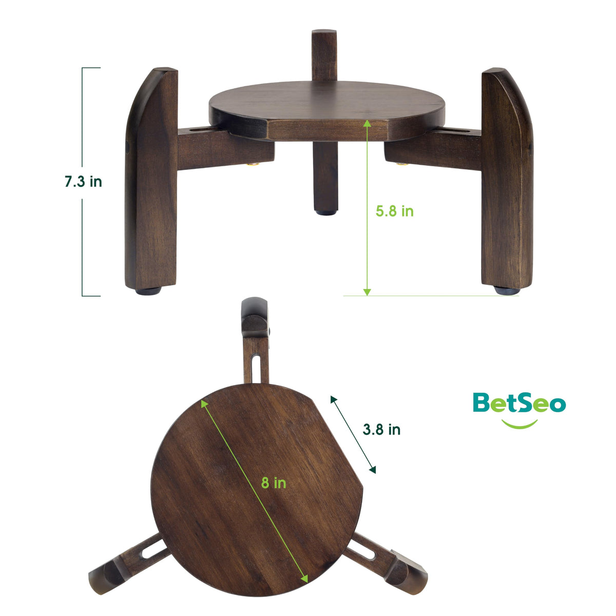 BETSEO Walnut wood stand close-up with smooth burr-free surface for durable daily use.