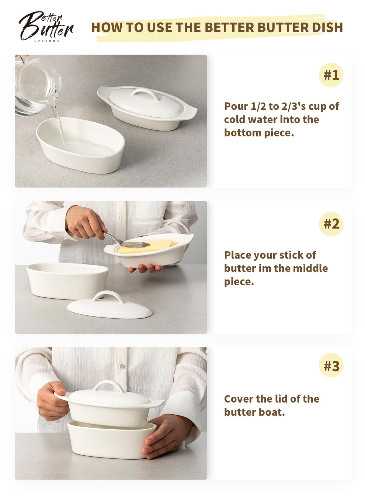 Better Butter 3-piece set shown together for convenient, stylish kitchen storage.