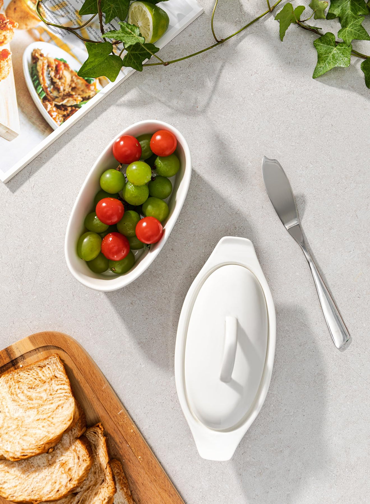 Better Butter dish on countertop keeps butter soft and reachable for meals.
