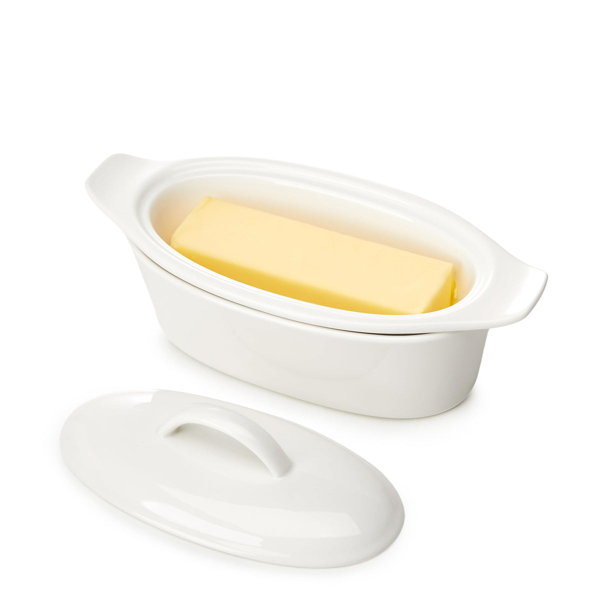 Better Butter keeper lid closeup shows premium porcelain and secure seal for freshness.