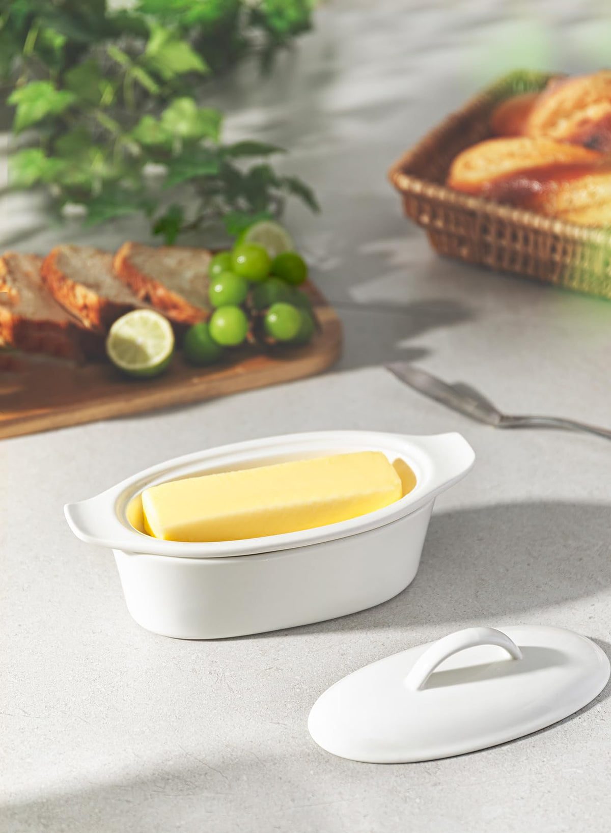 Better Butter porcelain dish highlighting durable, lead-free material and safe storage.