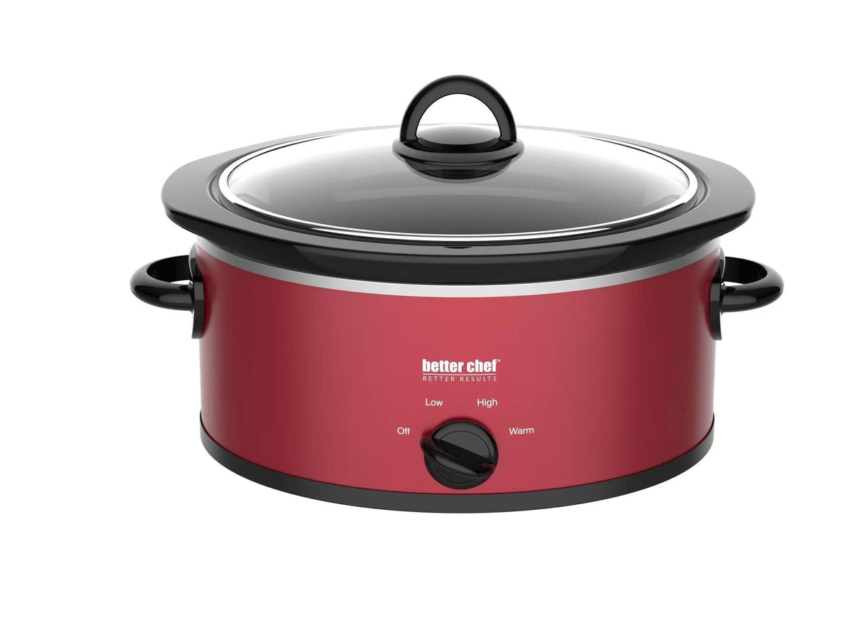 Better Chef oval slow cooker in red enamel for easy, slow-cooked meals.