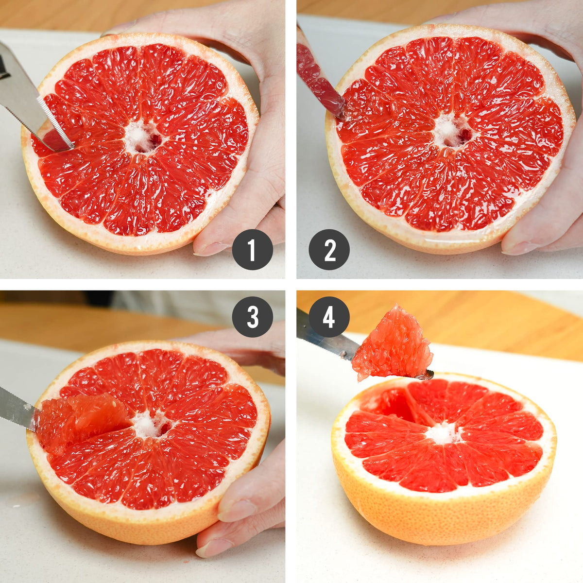 Better Houseware Grapefruit Knife angled tip aiding membrane separation from pulp.