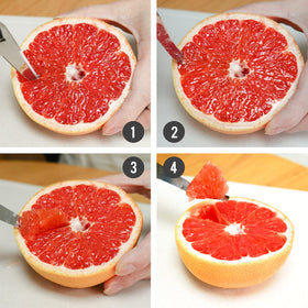 Better Houseware Grapefruit Knife angled tip aiding membrane separation from pulp.