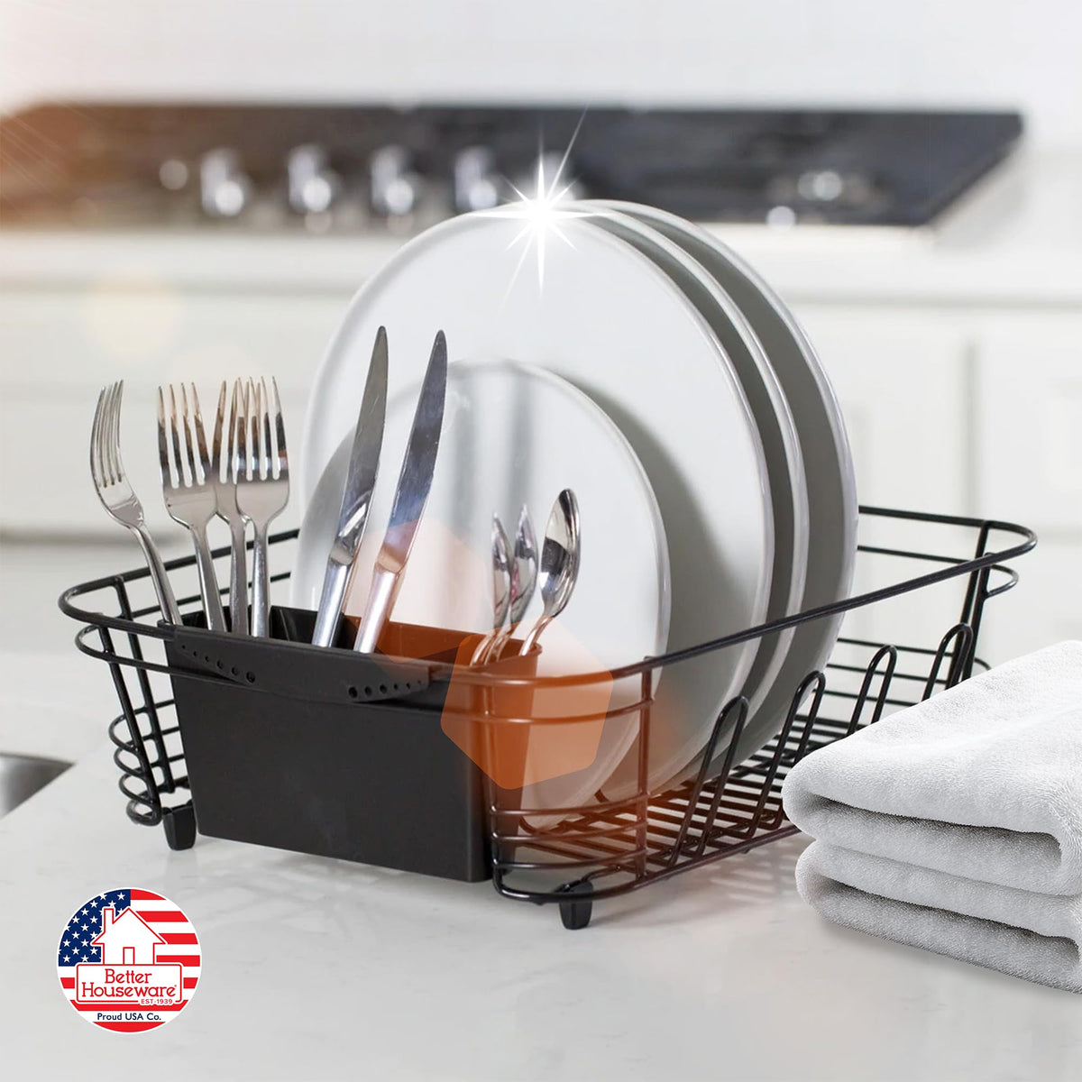 Better Houseware over-sink drying rack saves counter space while organizing items.