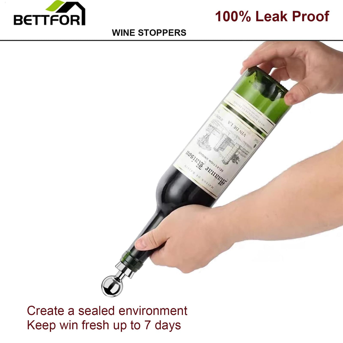 BETTFOR wine stoppers inserted into a bottle demonstrating easy sealing