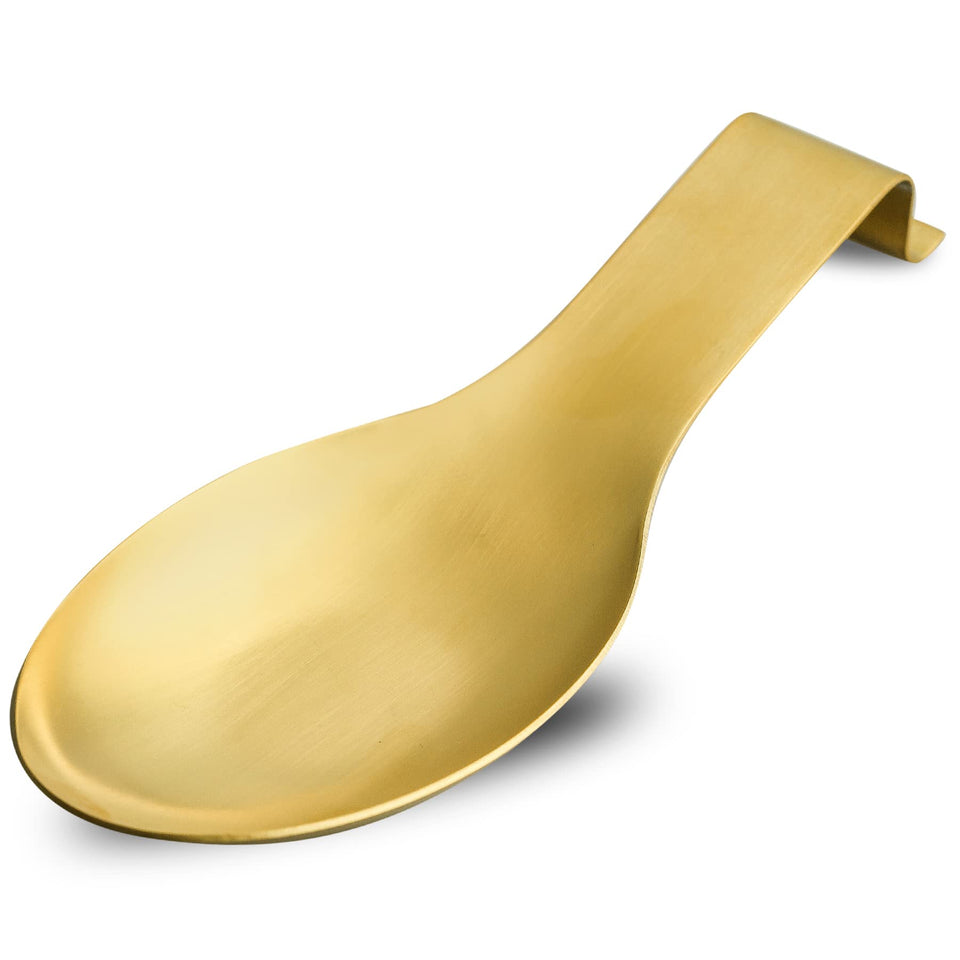 BETTWILL Gold Spoon Rest on the counter keeps utensils organized and within reach.