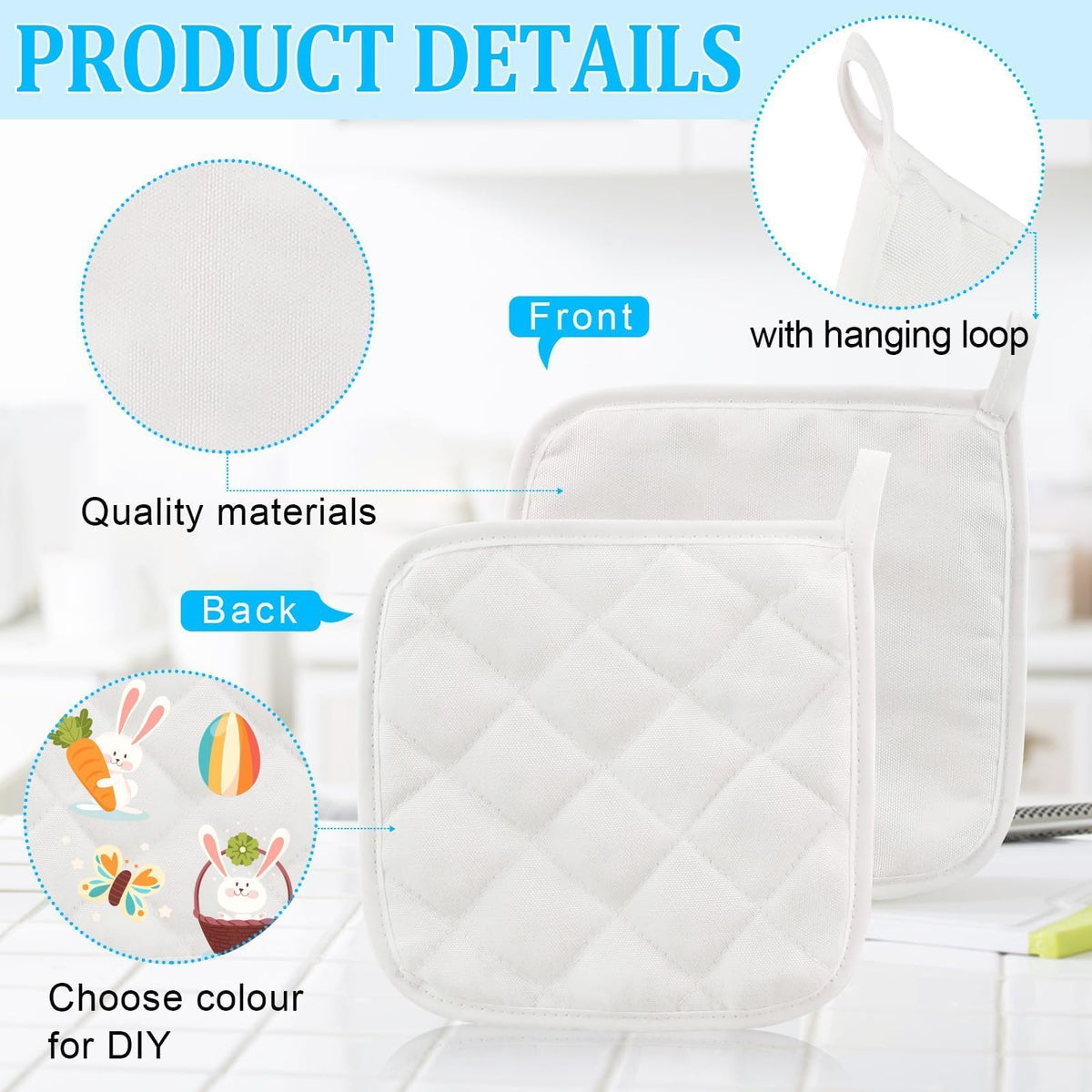 Beupy pot holders showing durable stitching and built-in hanging loop.