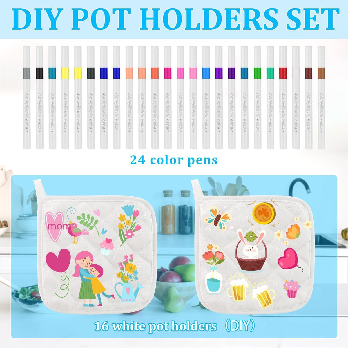 Beupy white pot holders drying with loop for easy storage.