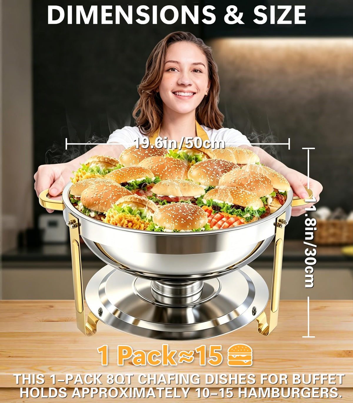 Beviliu 8QT chafing dish with lid open, ready for quick replenishment