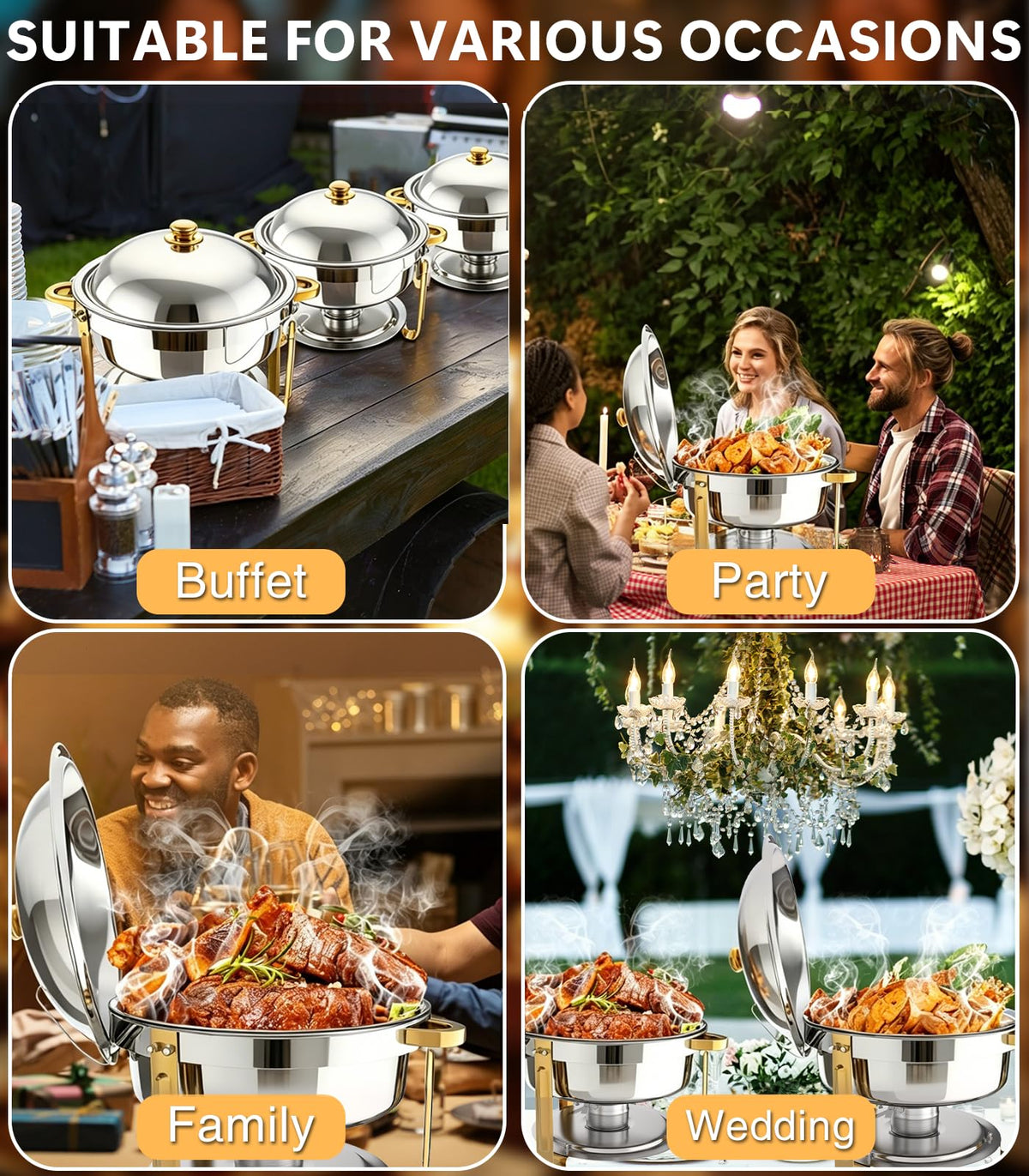 Beviliu 8QT chafing dish at a wedding buffet looks elegant and practical