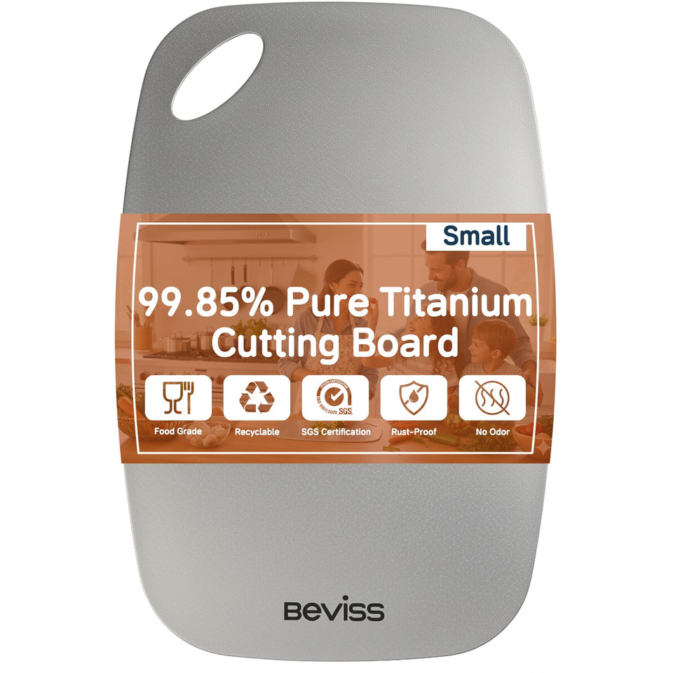 Beviss Real titanium cutting board front view with smooth, non-porous surface for easy cleaning