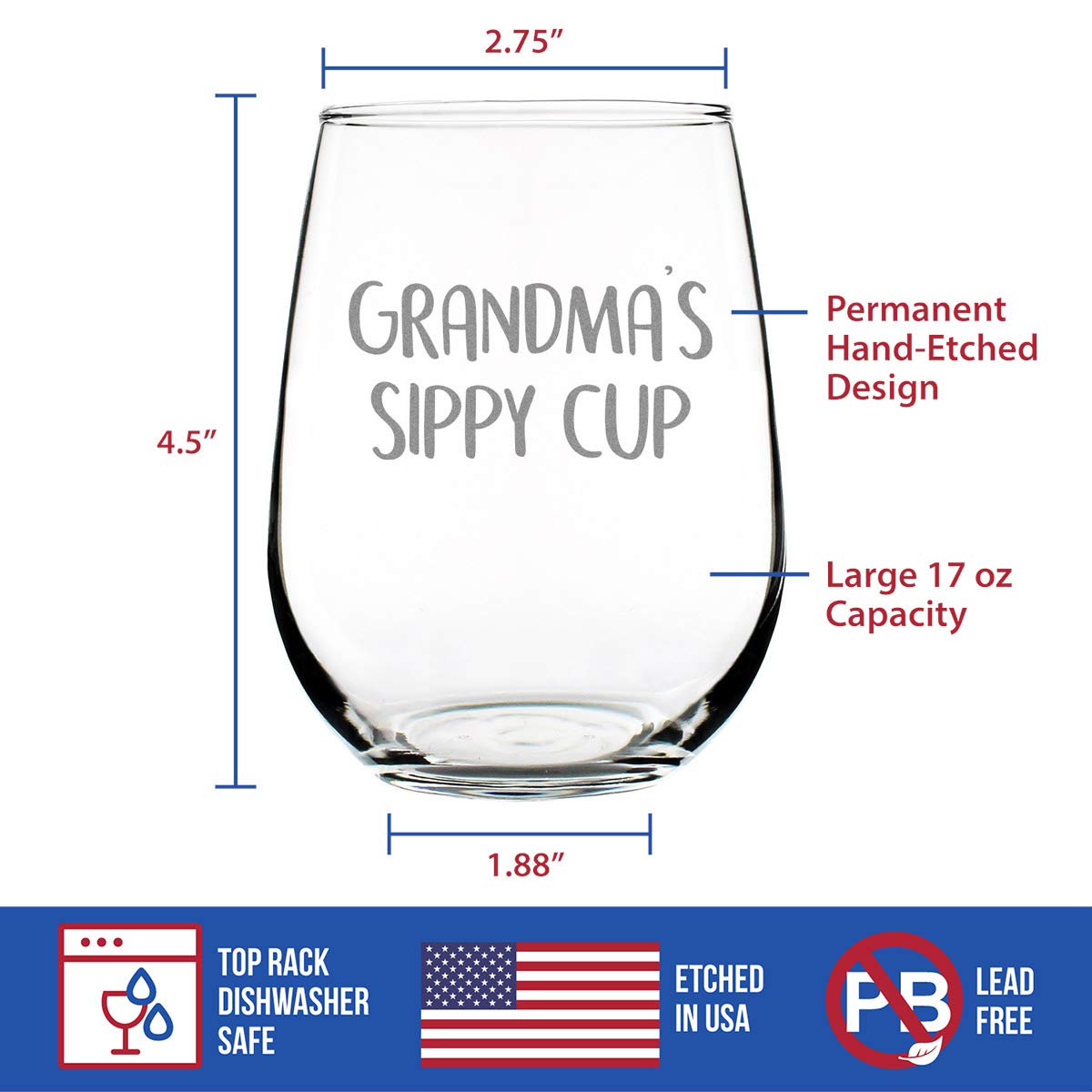 Bevvee Grandma's Sippy Cup stemless glass for casual celebrations.