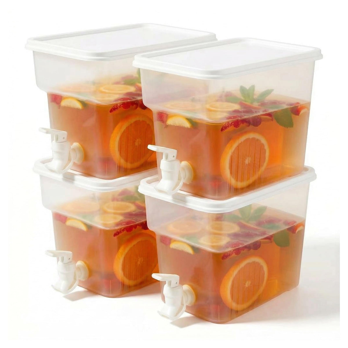 BEWBBAT 4-pack 1.3 gallon drink dispensers with spigots for fridge-ready beverages.