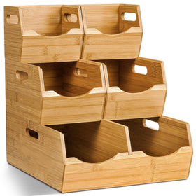 Bewbow 3-tier bamboo pantry storage, front view, easy access to stacked fruits and veggies