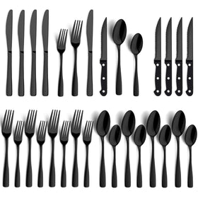 BEWOS 24-piece black silverware set for dining service, ideal for family meals.