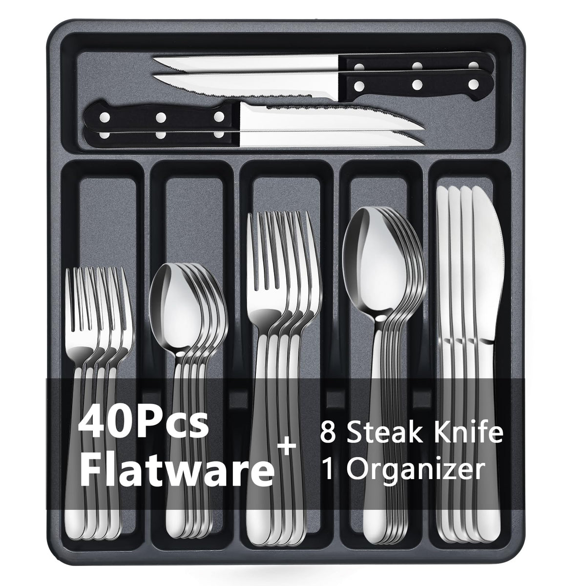 BEWOS 49-piece flatware set with organizer tray for neat drawers.